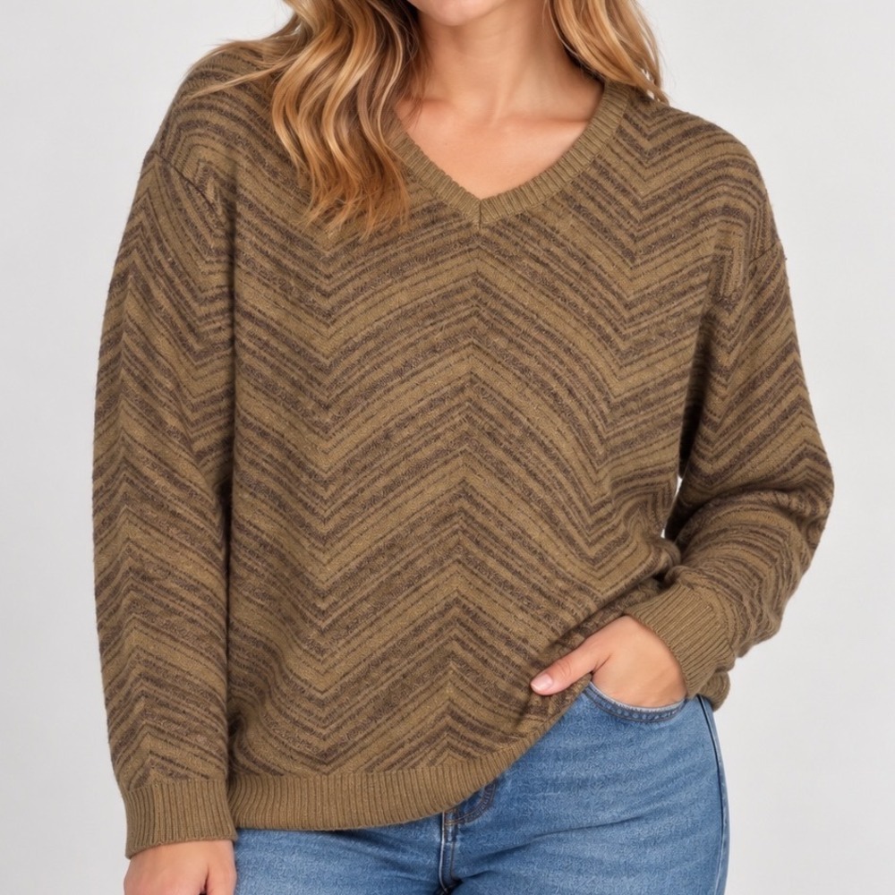Perry Ellis Medium Wool Silk Blend Chevron V Neck Sweater Made in Italy Brown